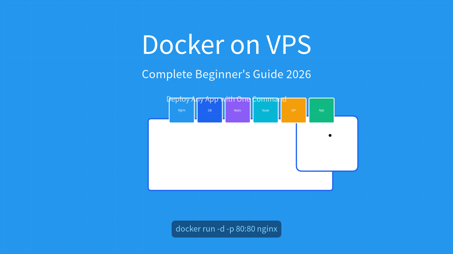 Docker on VPS - beginner guide cover with Docker whale and containers