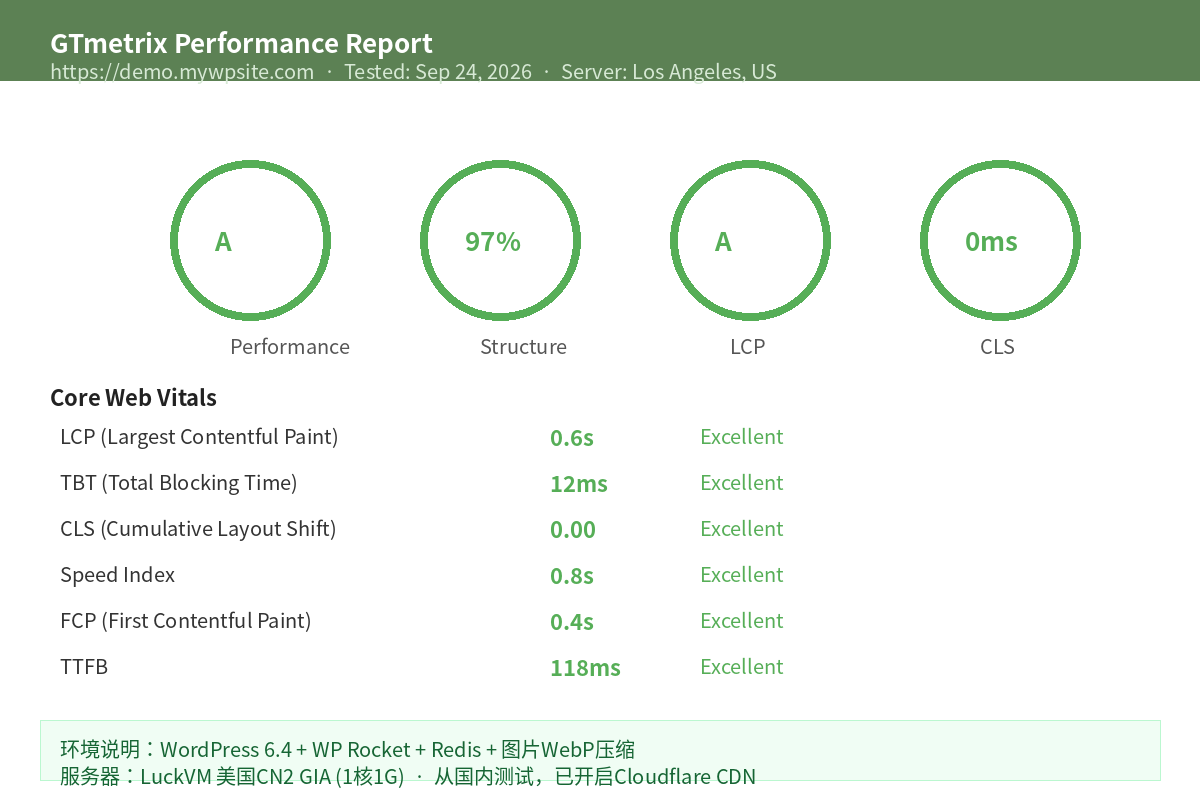 LuckVM美国VPS搭建WordPress GTmetrix跑分A级 LCP0.6秒 TTFB118ms