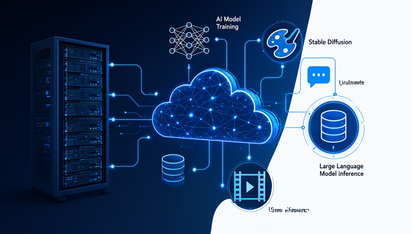 AI GPU cloud computing workflow - model training, image generation, LLM inference, video rendering