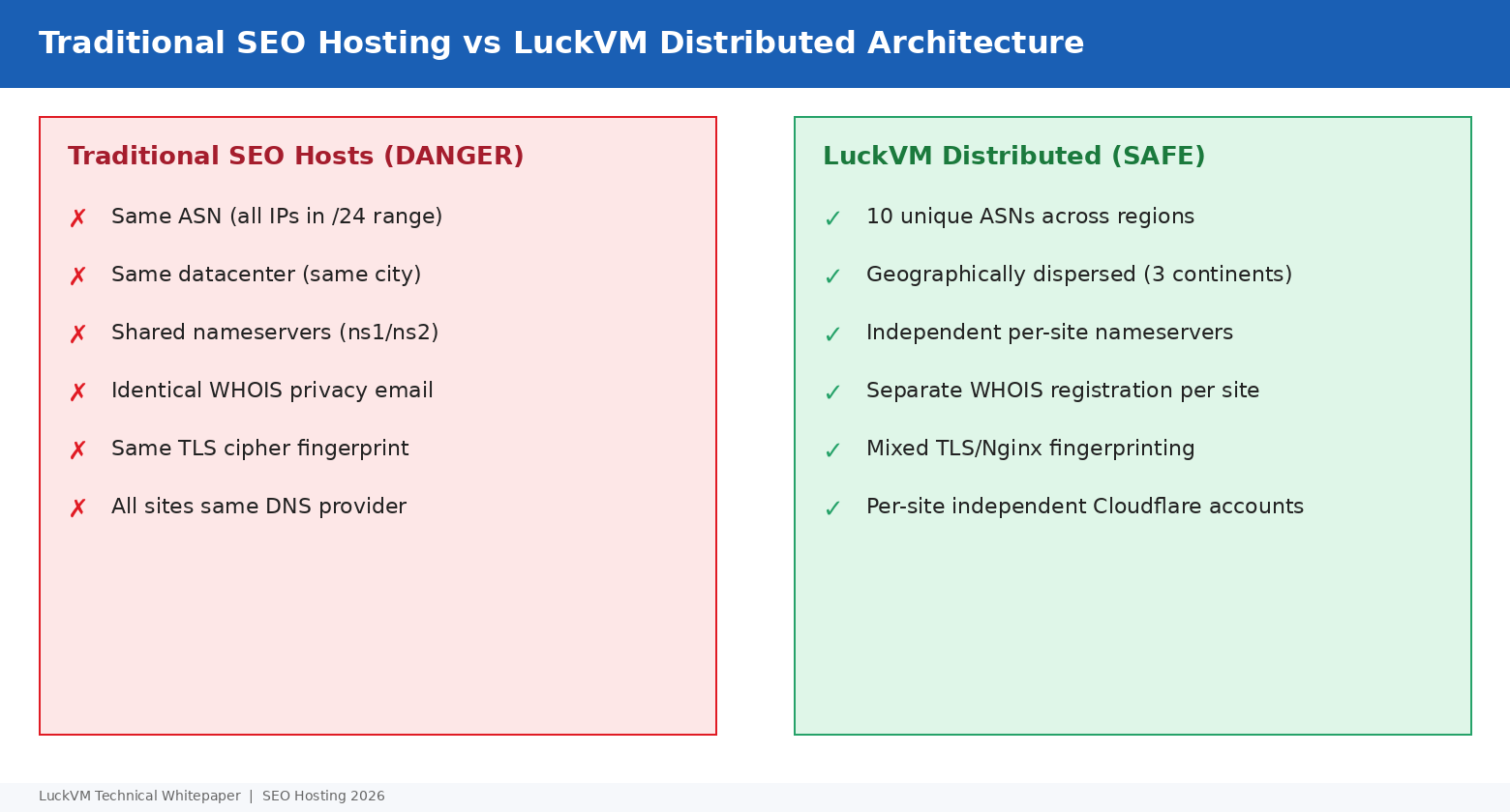 Traditional SEO hosting footprint vs LuckVM distributed architecture across 10 regions