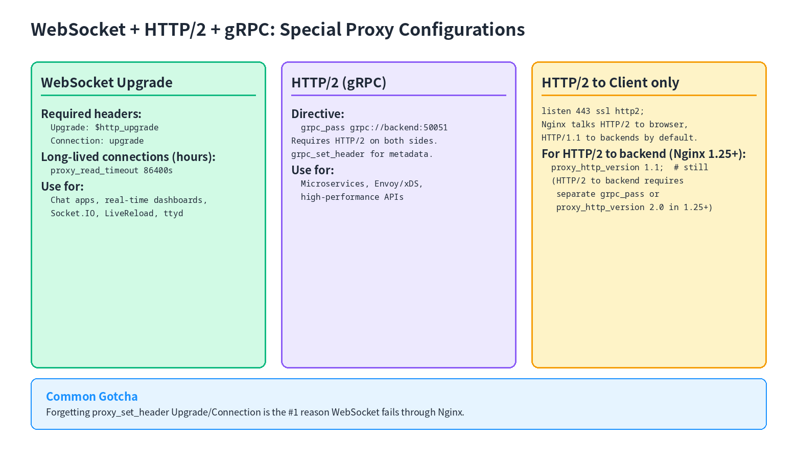 WebSocket upgrade headers, HTTP/2 gRPC proxy, and HTTP/2 client setup configuration cards