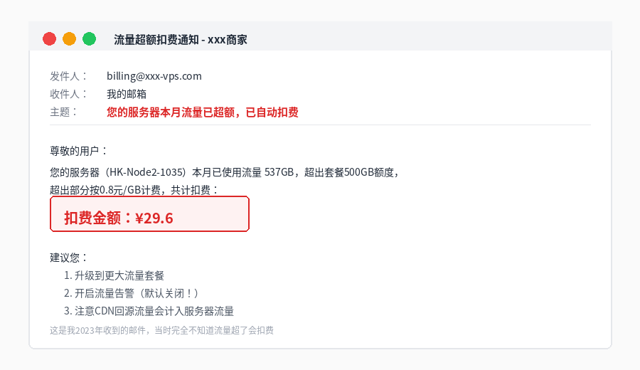 VPS流量超额扣费邮件 超37G扣29.6元