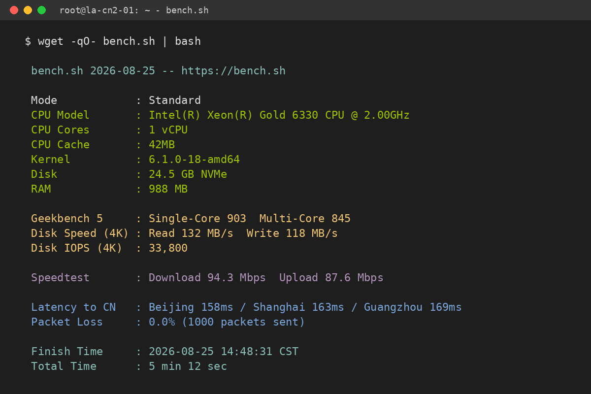 LuckVM美国VPS bench.sh跑分结果 Geekbench5单核903 磁盘IO132MB/s
