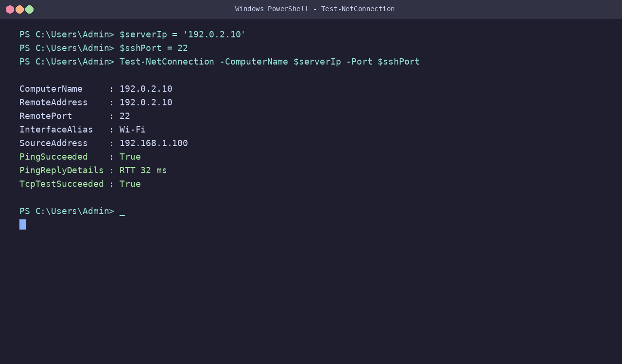 Windows PowerShell中执行Test-NetConnection测试端口连通性截图