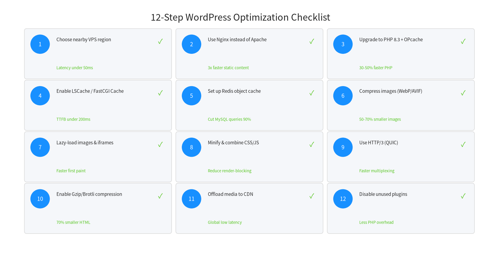12-step WordPress optimization checklist with all items checked off