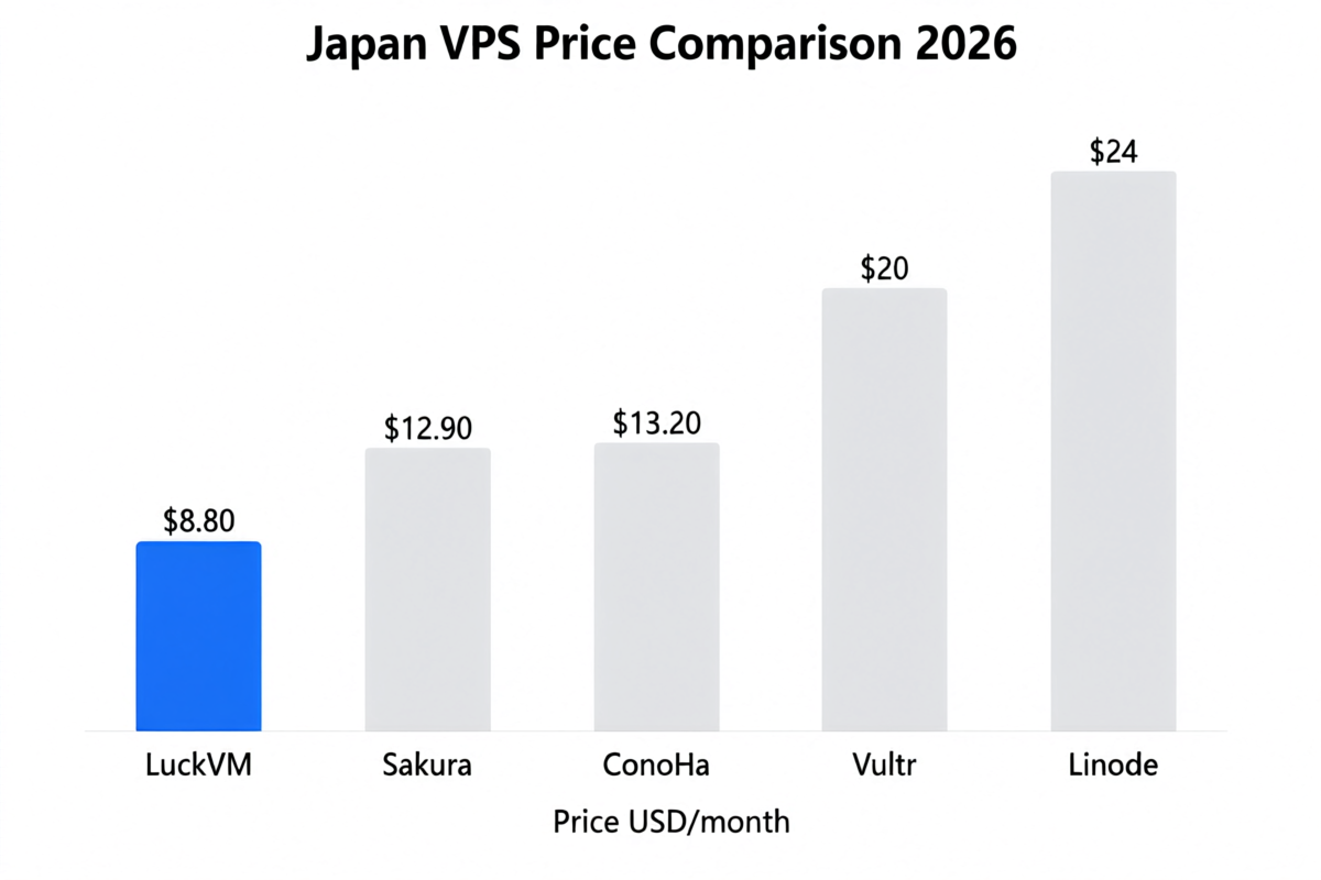 Japan VPS Monthly Pricing Comparison 2026: LuckVM $8.80 vs Sakura $12.90 vs ConoHa $13.20 vs Vultr $20 vs Linode $24