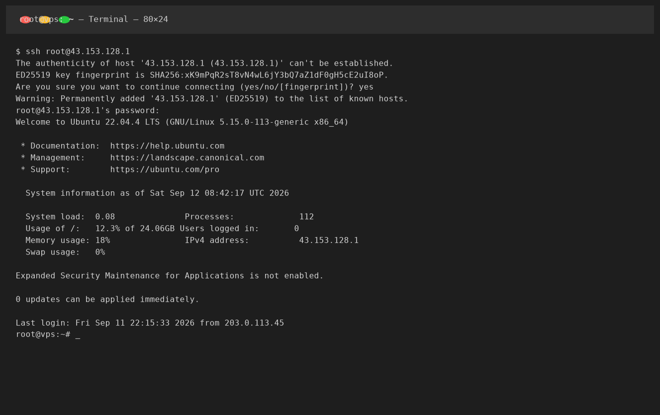 SSH connection to VPS showing Ubuntu 22.04 welcome banner