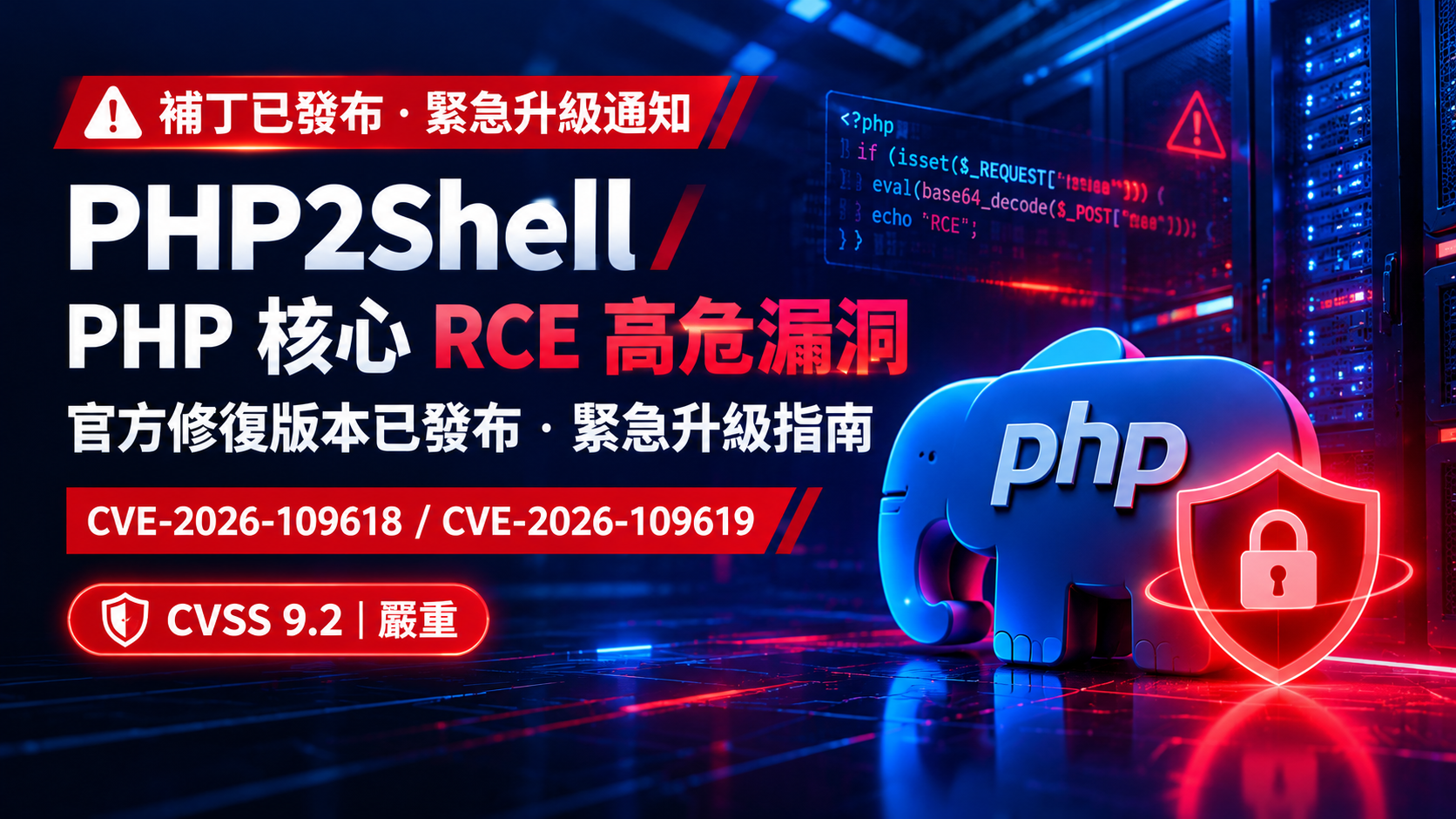 【資安修補通報】PHP 核心遠端程式碼執行漏洞（PHP2Shell：CVE-2026-109618 / CVE-2026-109619，CVSS 9.2）官方修補程式已釋出，請立即執行更新