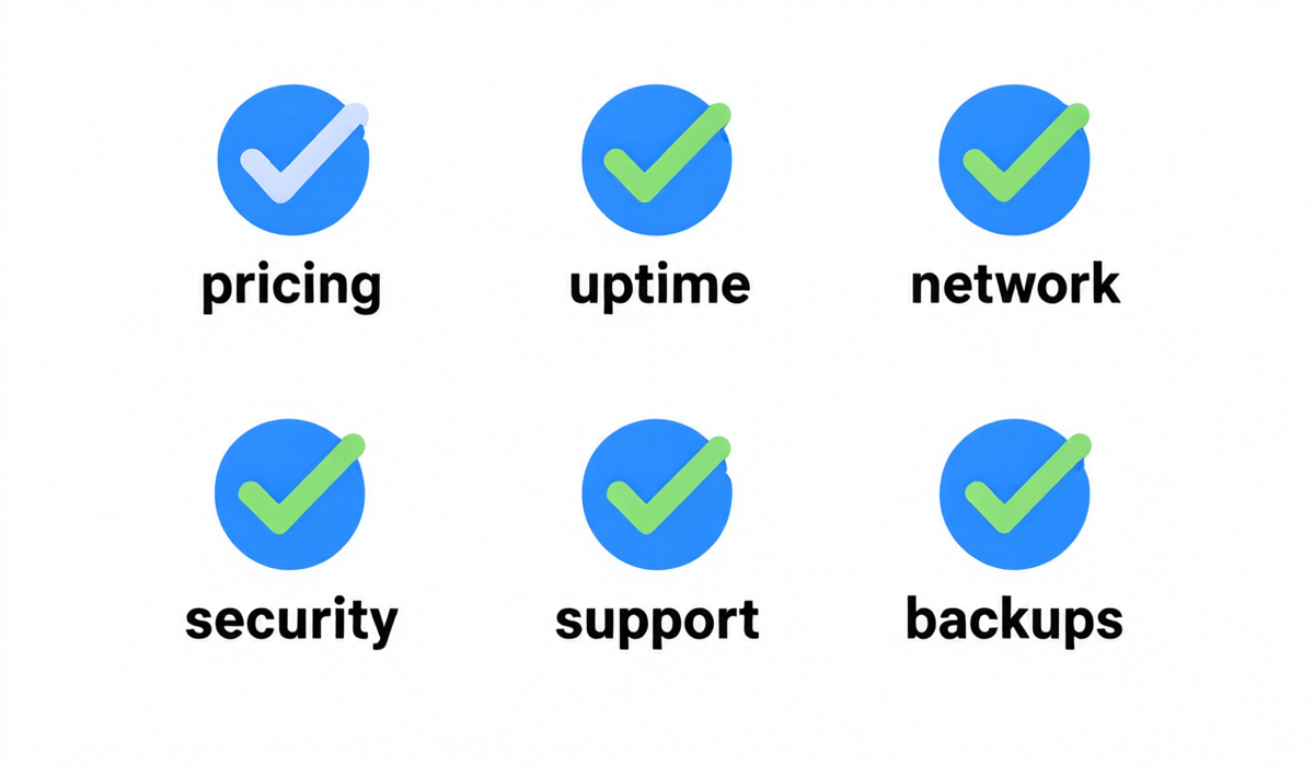 Infographic checklist showing 6 essential things to verify before purchasing a cheap VPS: transparent pricing, uptime SLA, network quality, DDoS protection, 24/7 support, and backup options