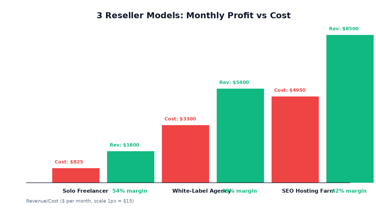 Three VPS reseller models compared by cost, revenue, and gross margin percentage