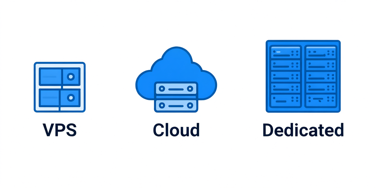 VPS vs Cloud vs Dedicated Server visual comparison showing three hosting types with key differences