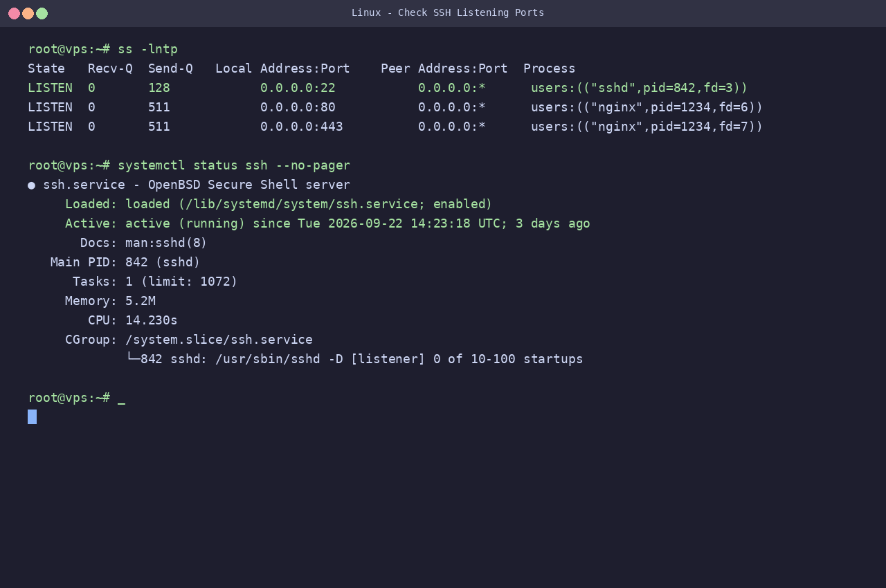 Linux终端中执行ss -lntp查看监听端口和systemctl status ssh查看服务状态截图