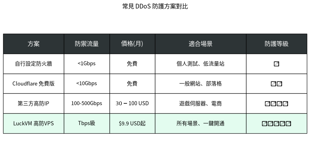 常見DDoS防護方案價格與效果對比表