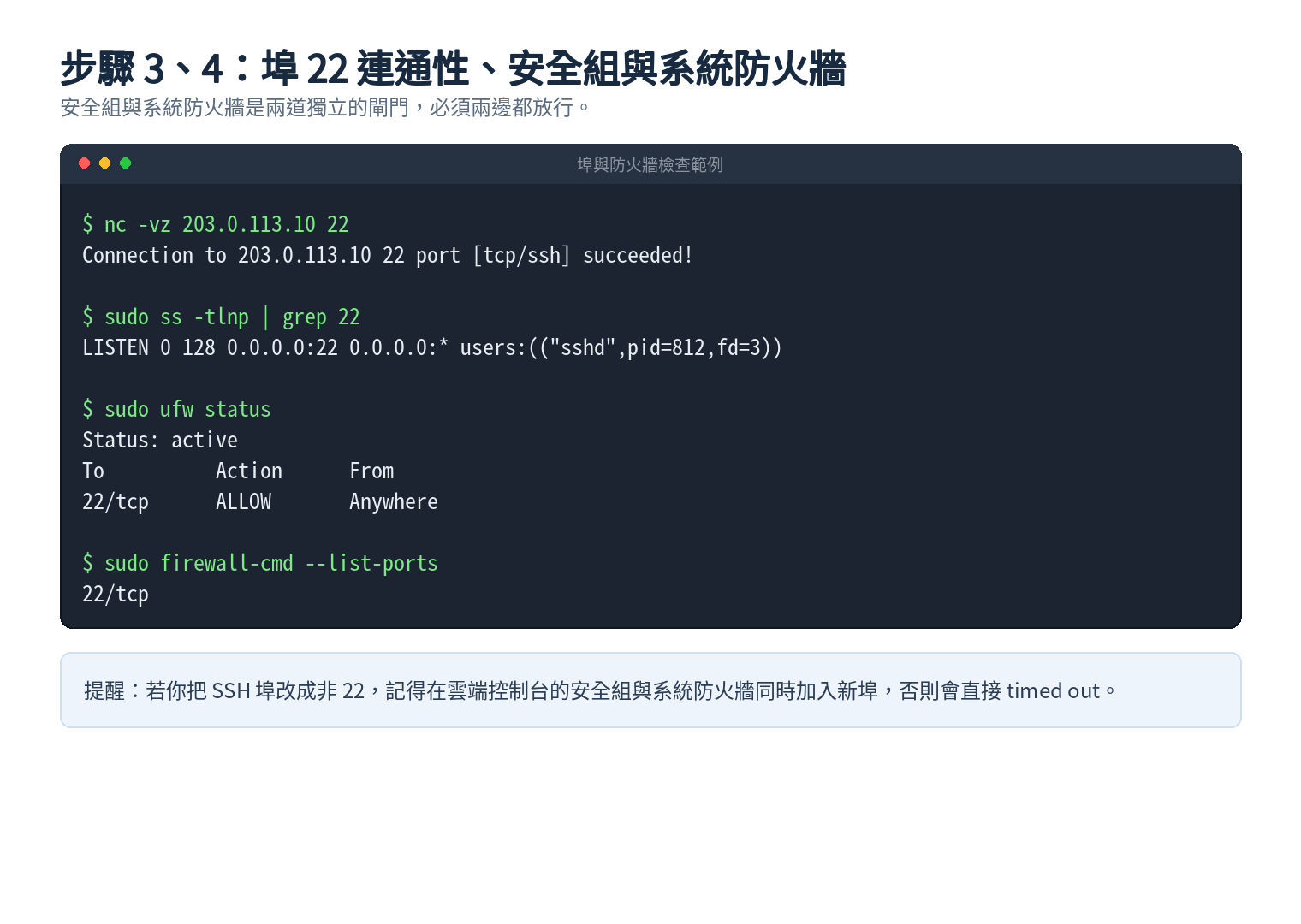 SSH 埠 22 連通性、ufw 與 firewalld 防火牆規則檢查指令輸出範例