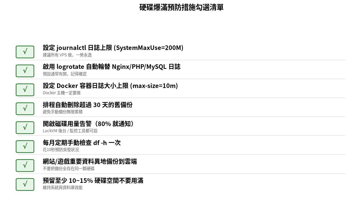 VPS硬碟爆滿預防措施勾選清單