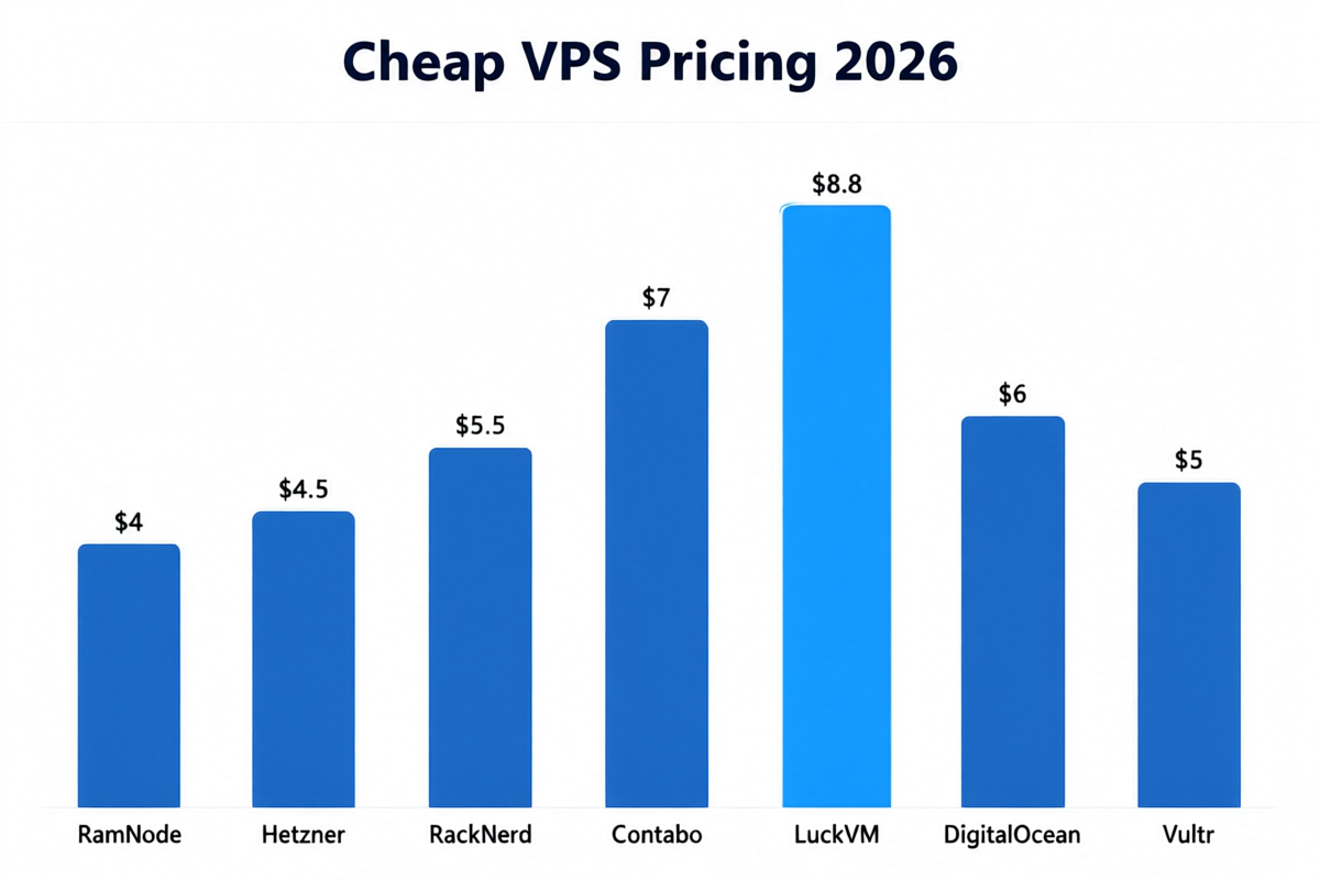 Bar chart comparing monthly pricing of cheap VPS providers under $10/month in 2026, showing LuckVM at $8.80 highlighted as Best Value among RamNode $4, Hetzner $4.5, RackNerd $5.5, Contabo $7, DigitalOcean $6