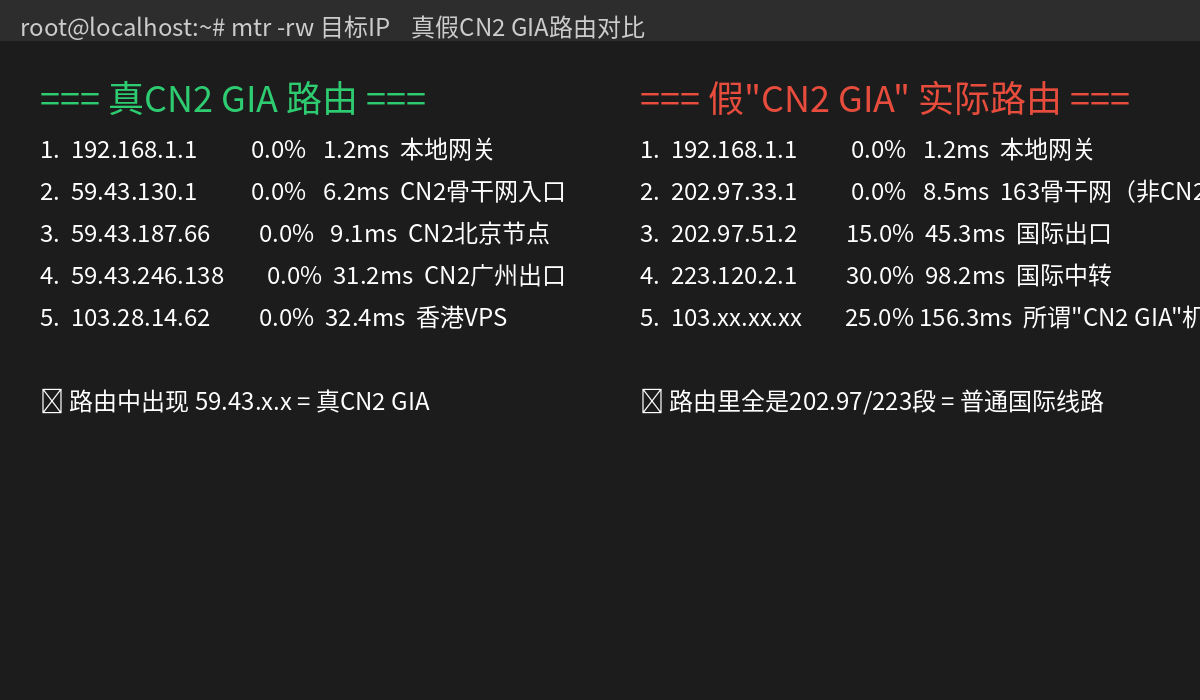 真假CN2 GIA路由MTR结果对比