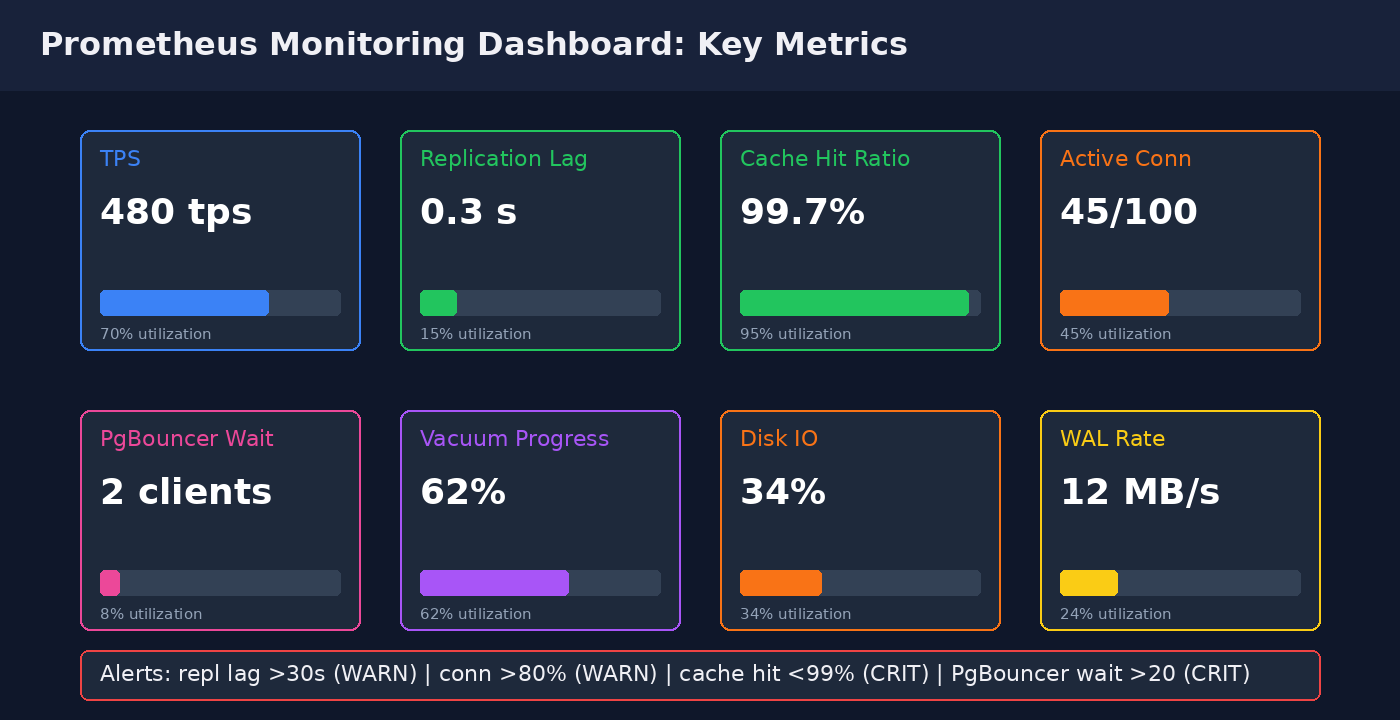 PostgreSQL Prometheus Grafana monitoring dashboard key metrics replication lag cache hit