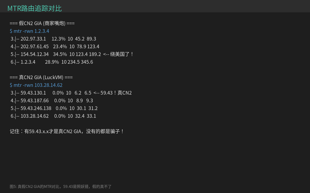 真假CN2 GIA MTR路由追踪对比 59.43节点
