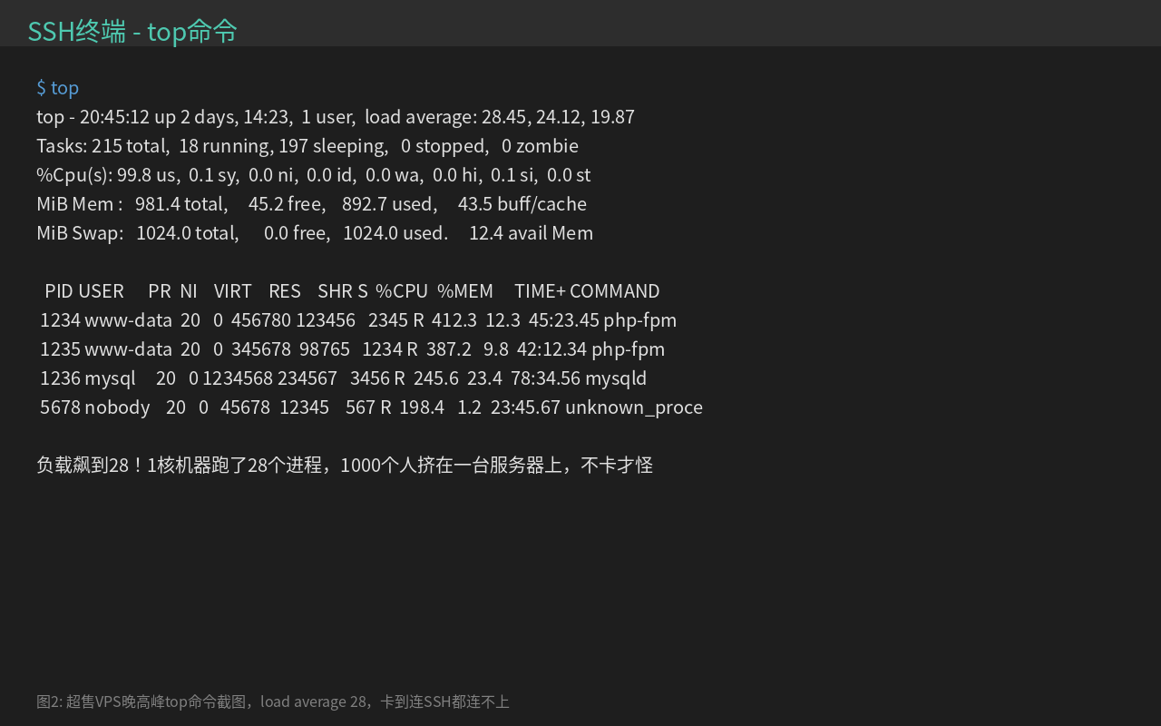 超售VPS晚高峰top命令截图 load average 28