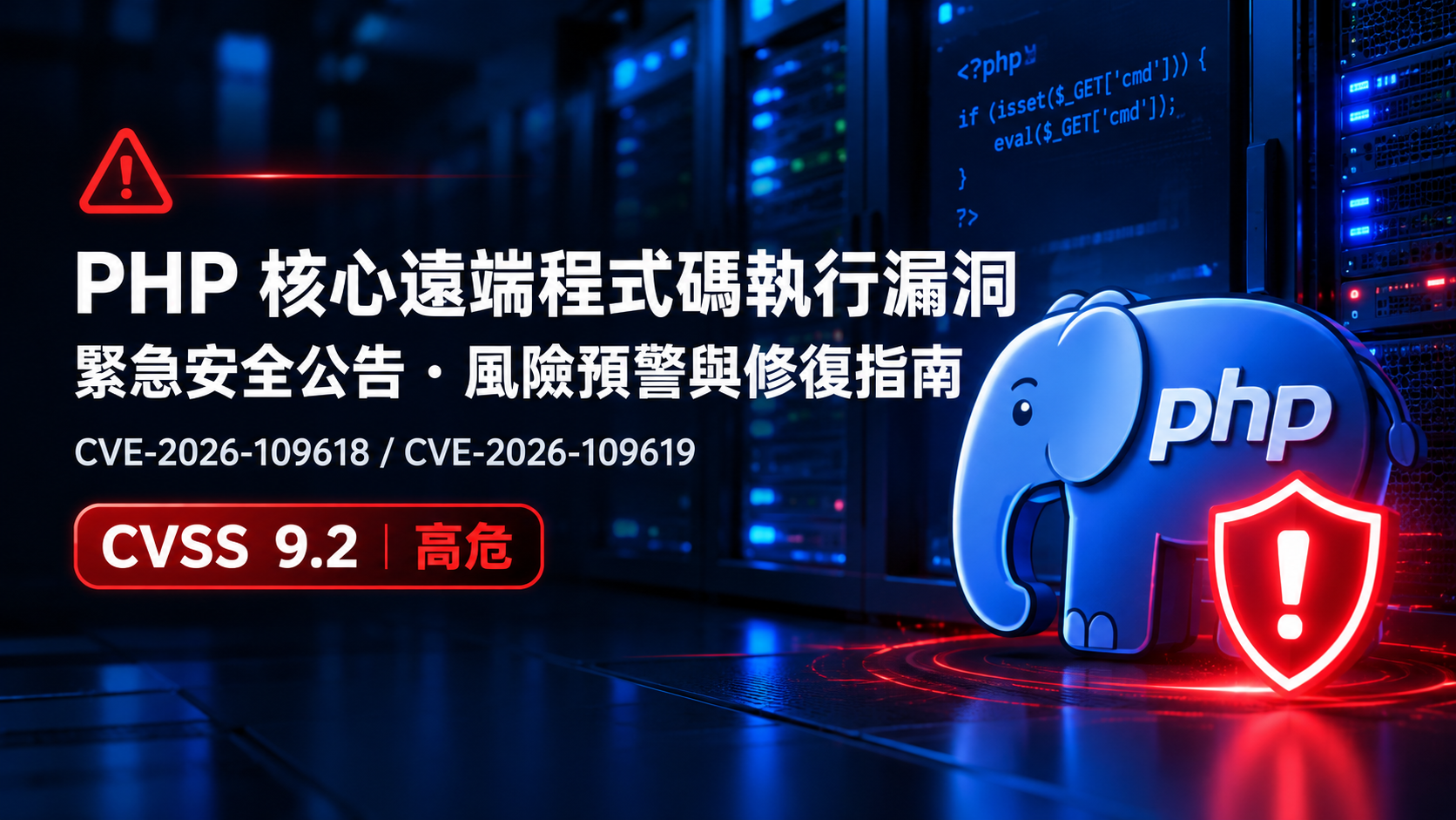 【重大資安通報】PHP 核心遠端程式碼執行高風險漏洞（CVE-2026-109618 / CVE-2026-109619，CVSS 9.2）風險預警與修補計畫
