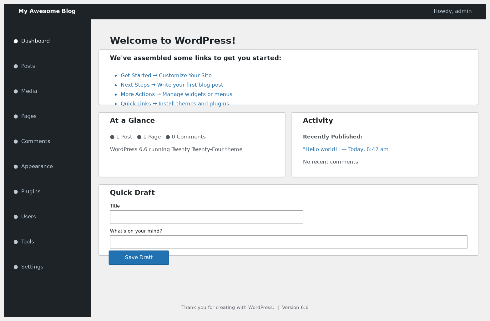 WordPress admin dashboard showing welcome screen