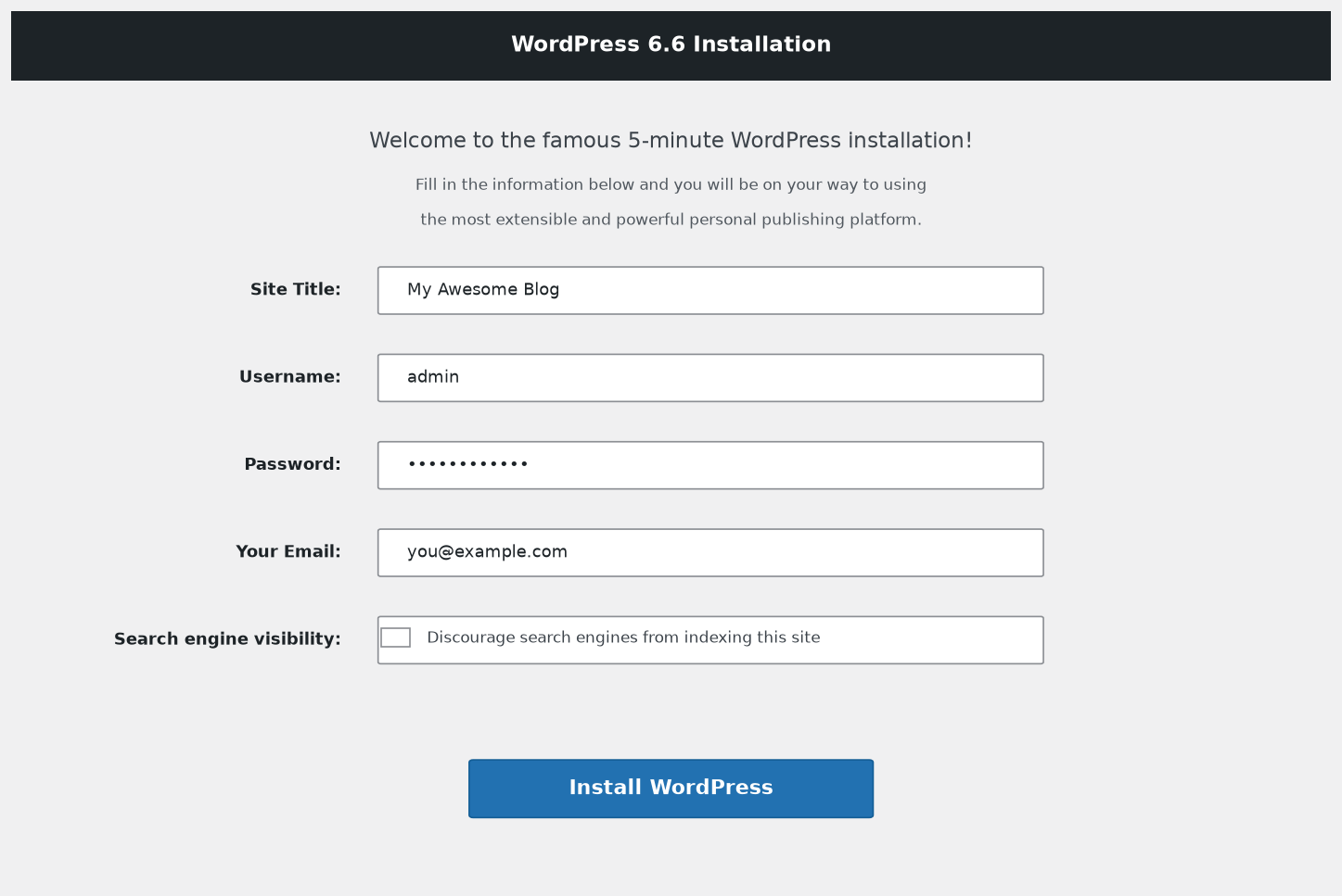 WordPress famous 5-minute installation wizard form