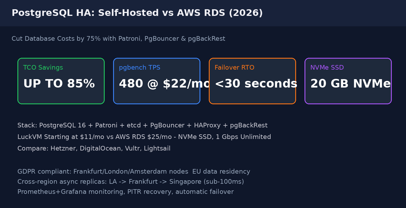 Self-Hosted PostgreSQL HA vs AWS RDS in 2026: Cut Costs 75% with Patroni