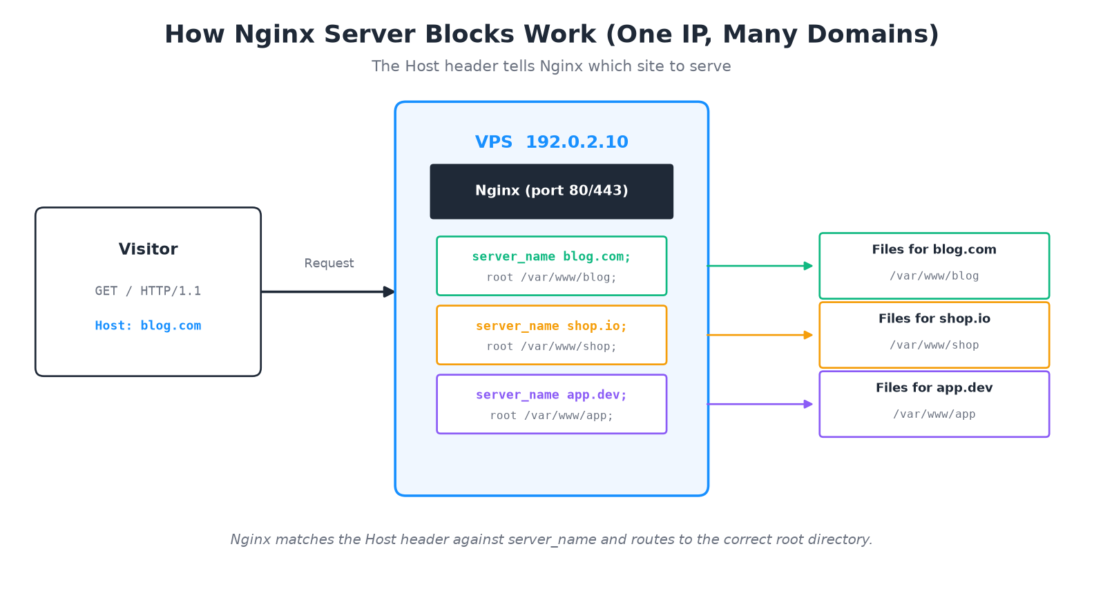 Nginx server blocks routing multiple domains from one IP address