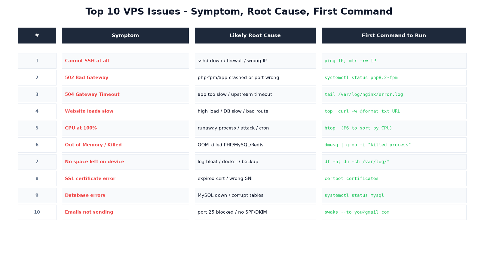 Top 10 VPS issues table - symptom, root cause, first command