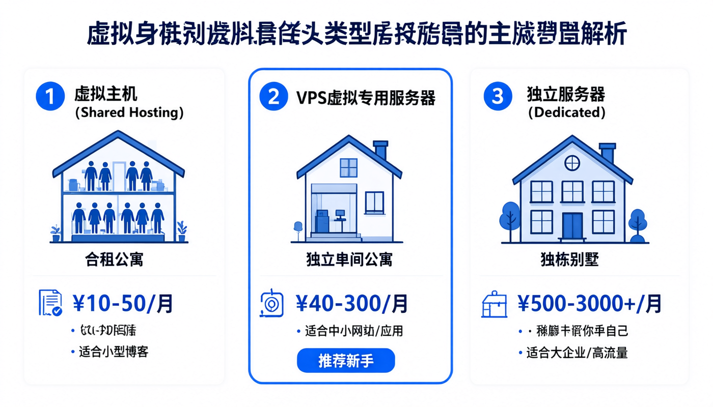 虚拟主机 vs VPS vs 独立服务器 对比类比图