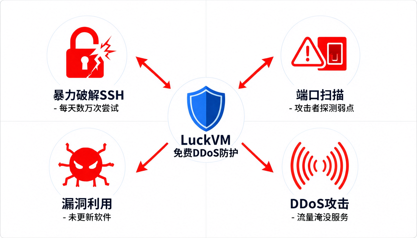 VPS常见安全威胁:暴力破解、端口扫描、漏洞利用、DDoS攻击