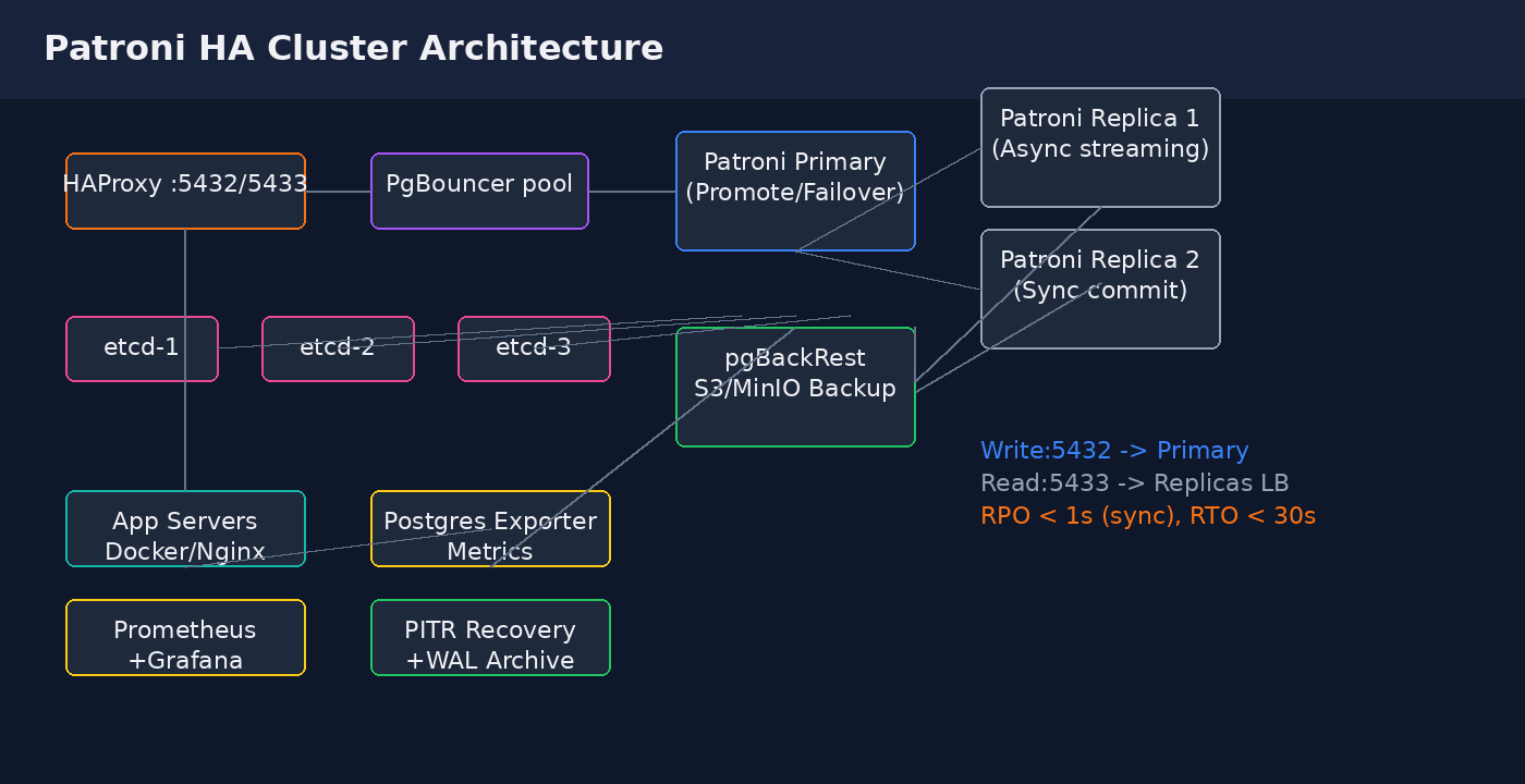 Patroni PostgreSQL HA architecture etcd PgBouncer HAProxy pgBackRest