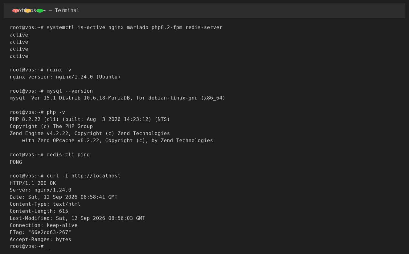 Nginx, MariaDB, PHP 8.2-FPM all running, curl test returning 200 OK