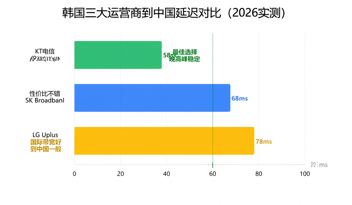 韩国三大运营商KT/SK Broadband/LG U+到中国延迟对比:KT最优58ms,SK 68ms,LG 78ms