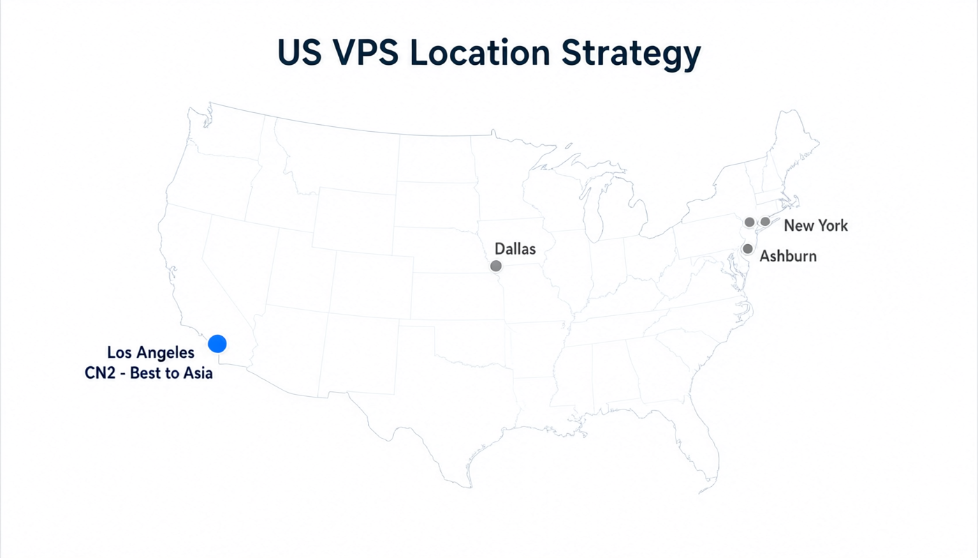 US VPS location strategy map showing West Coast LA best for Asia, East Coast NY/Ashburn best for Europe